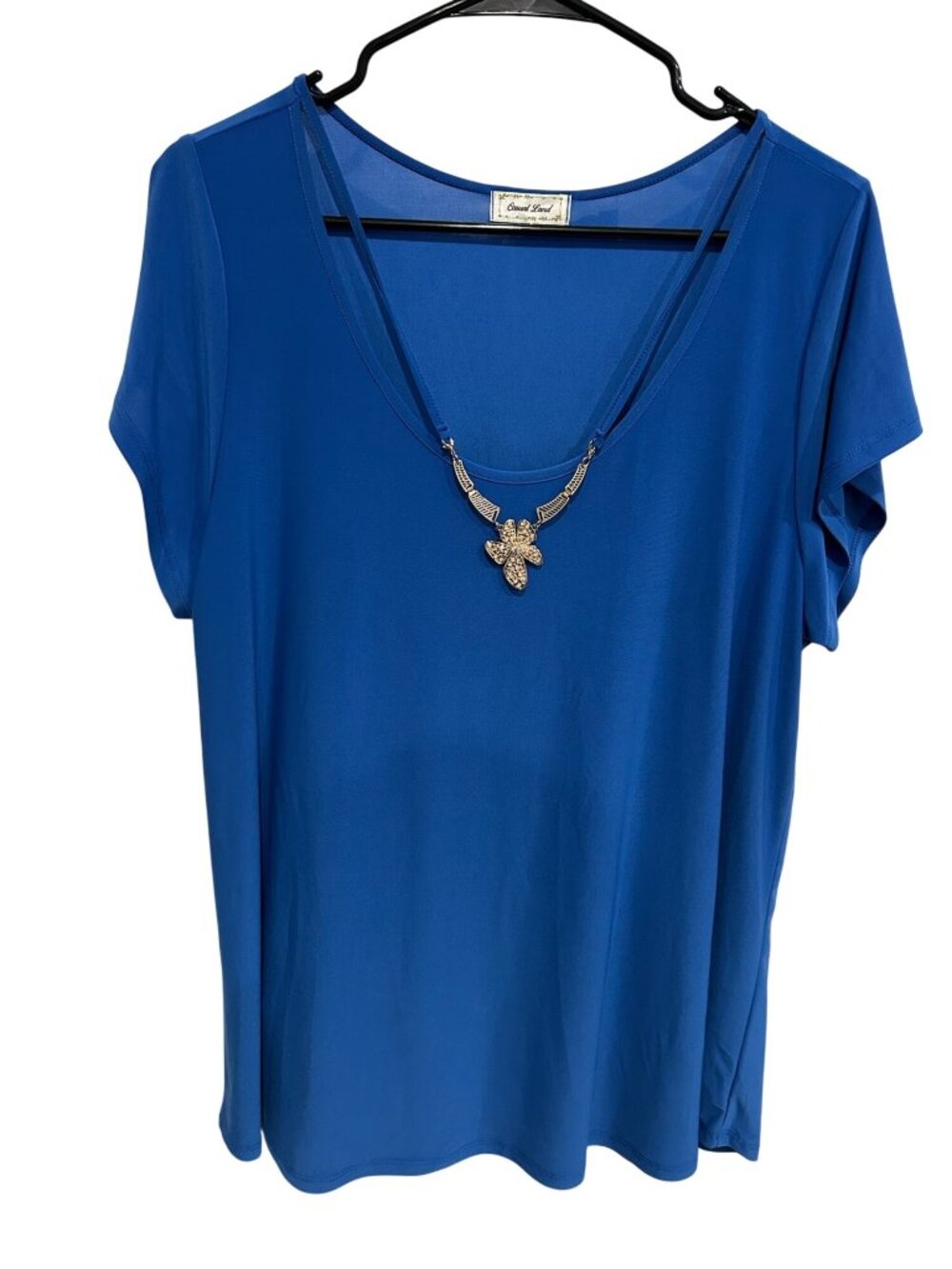 Casual Land Blue Loose V-Neck Top Gold Necklace Accent Size XL Statement Style